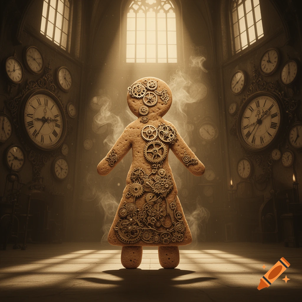 A steampunk gingerbread figure adorned with clockwork gears stands in a vast, sepia-toned room filled with many clocks, bathed in warm light from a large window.