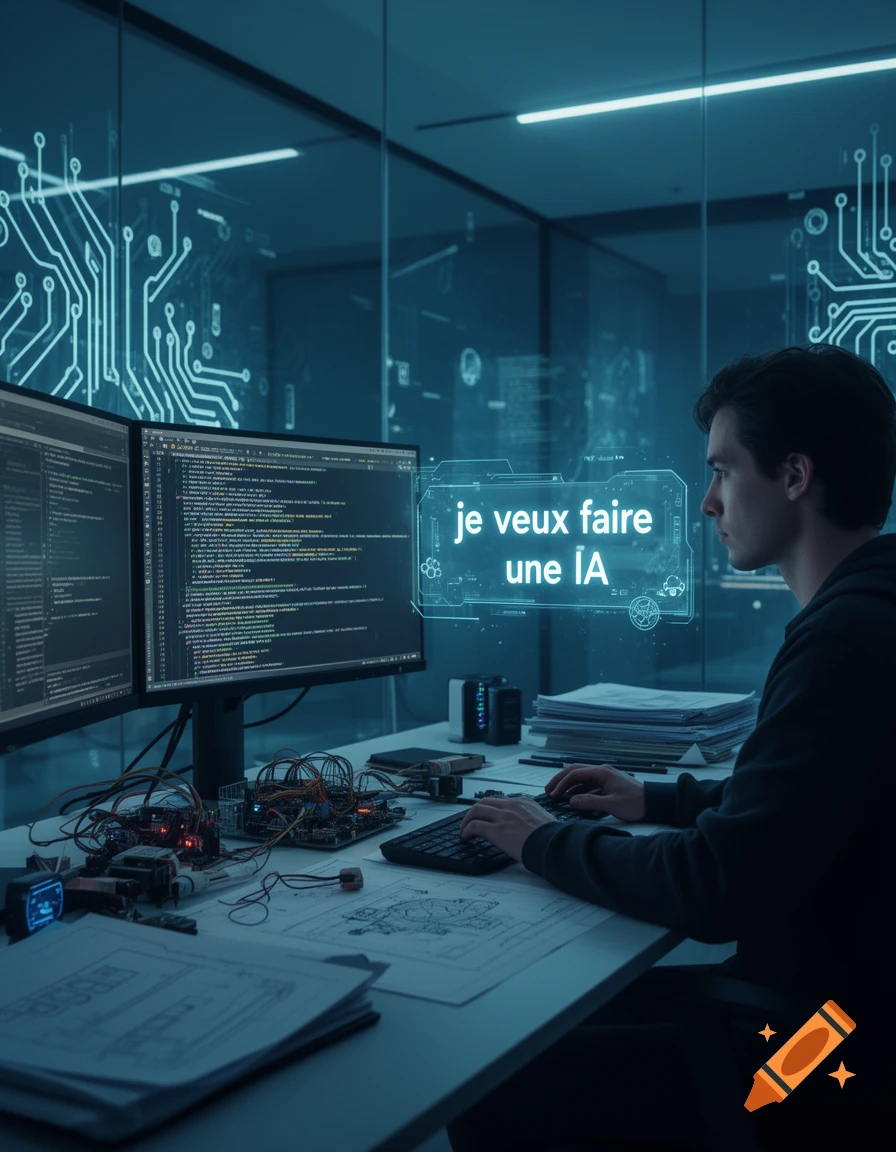 A man codes on multiple screens in a futuristic lab with circuit board patterns, showing 'je veux faire une IA'. Photorealistic.