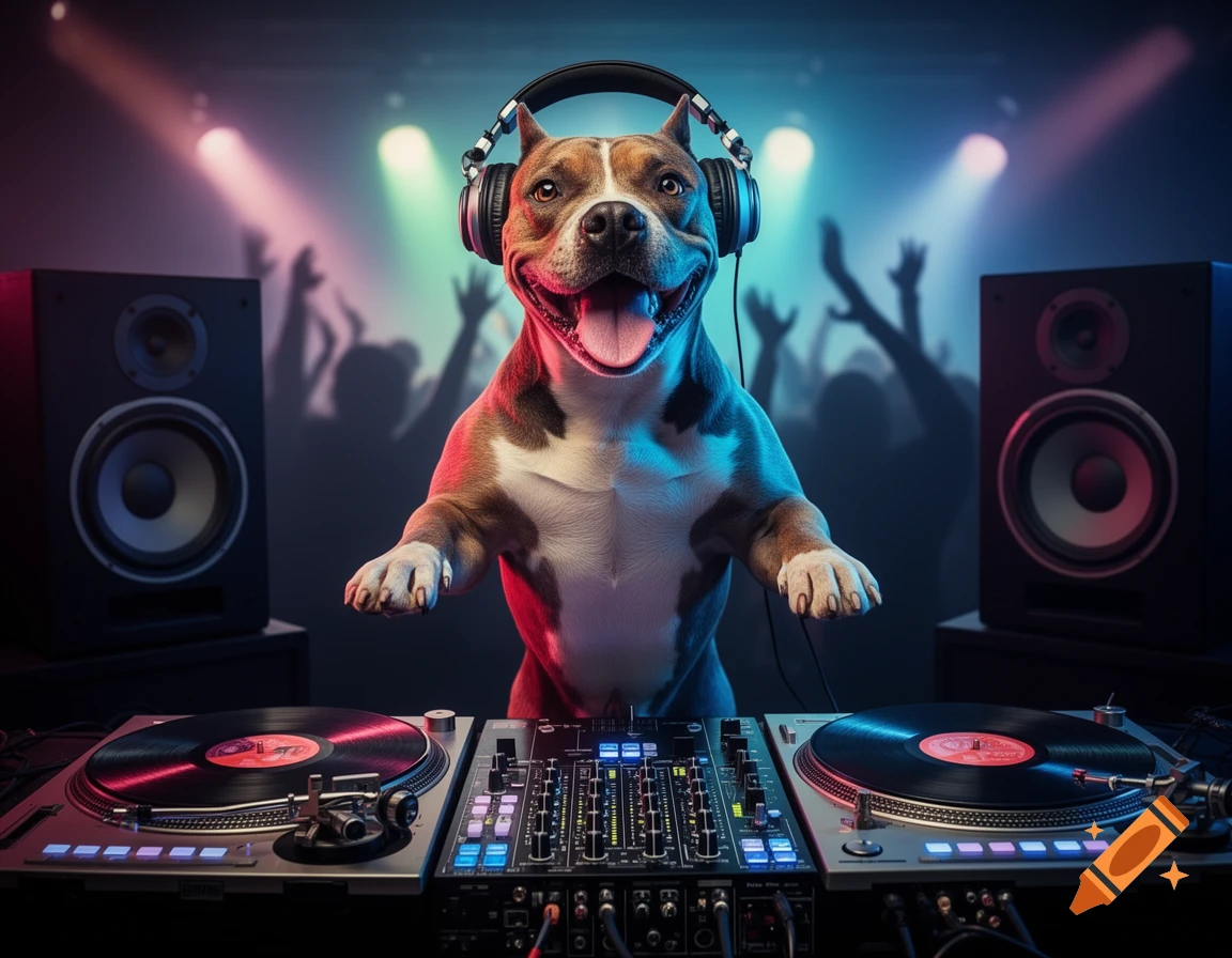 A happy American Staffordshire terrier wearing headphones DJs behind turntables at a lively club with dancing crowds.