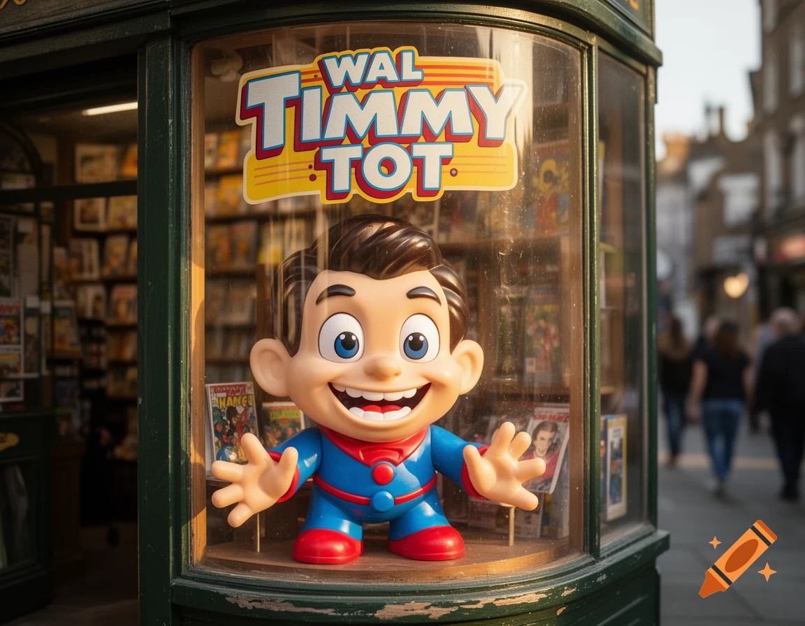 A smiling, cartoonish boy figurine in a shop window with a 'WAL TIMMY TOT' sign above it, books visible inside.
