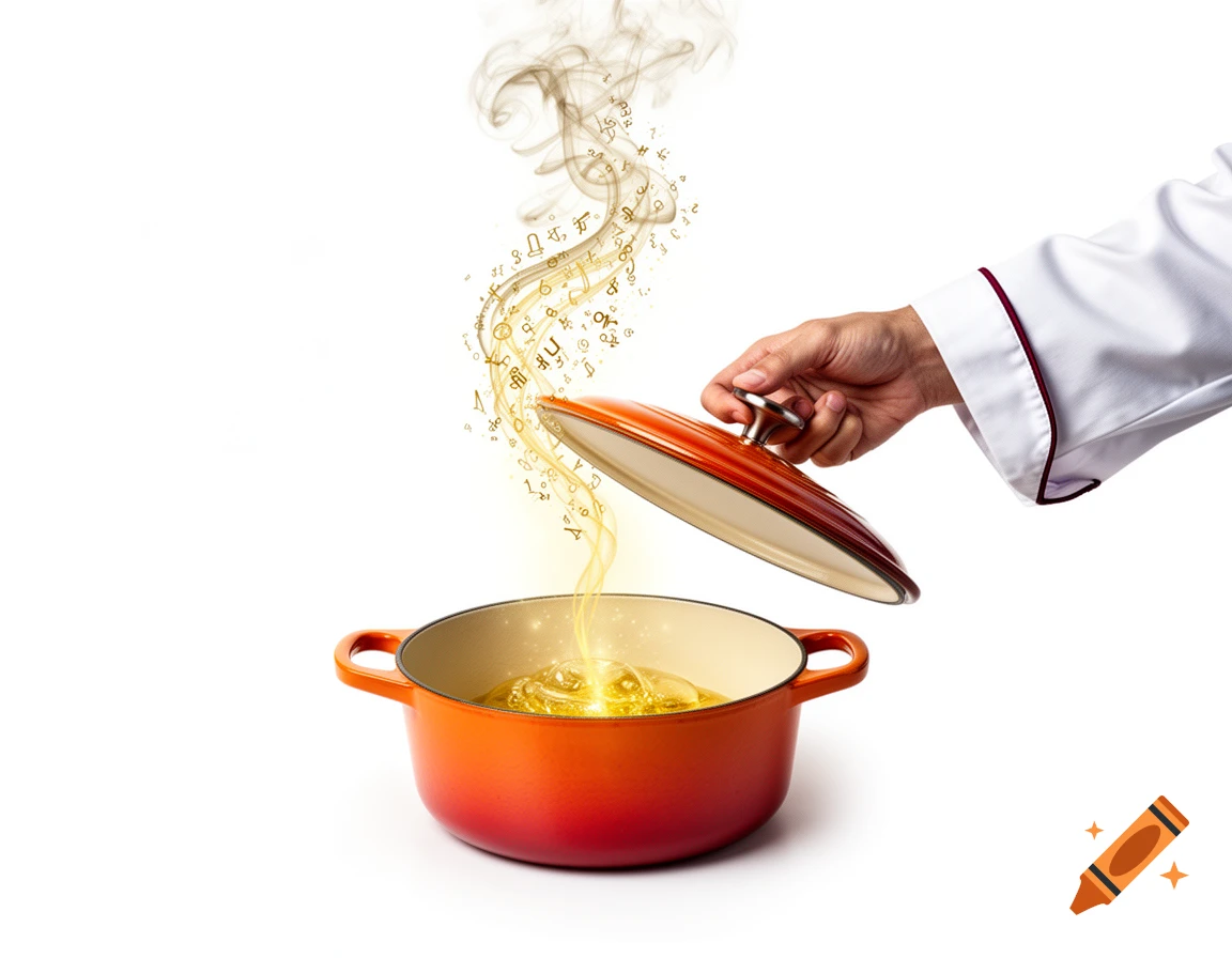 A chef's hand lifts the lid from an orange pot, revealing bubbling golden liquid and a stream of golden smoke filled with various symbols rising upward.