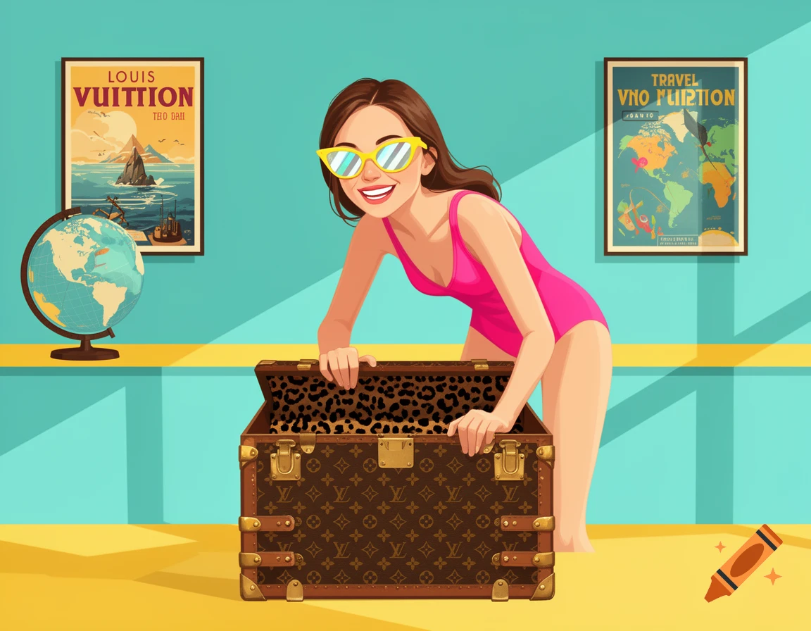 Smiling woman in pink swimsuit and yellow sunglasses leaning over a Louis Vuitton trunk in a stylized travel agency with posters and a globe.