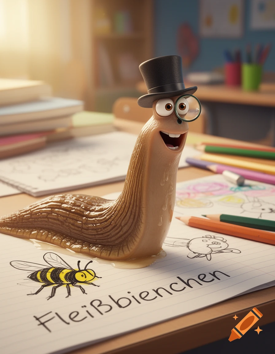 A cartoon slug wearing a top hat and monocle sits on a school desk next to a drawing of a bee and the German word "Fleißbienchen" on paper.
