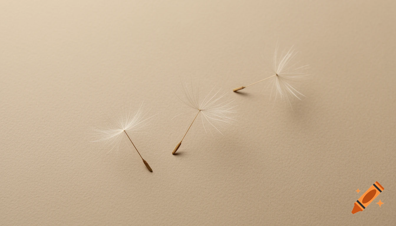 Three delicate dandelion seeds float across a smooth, textured beige background.