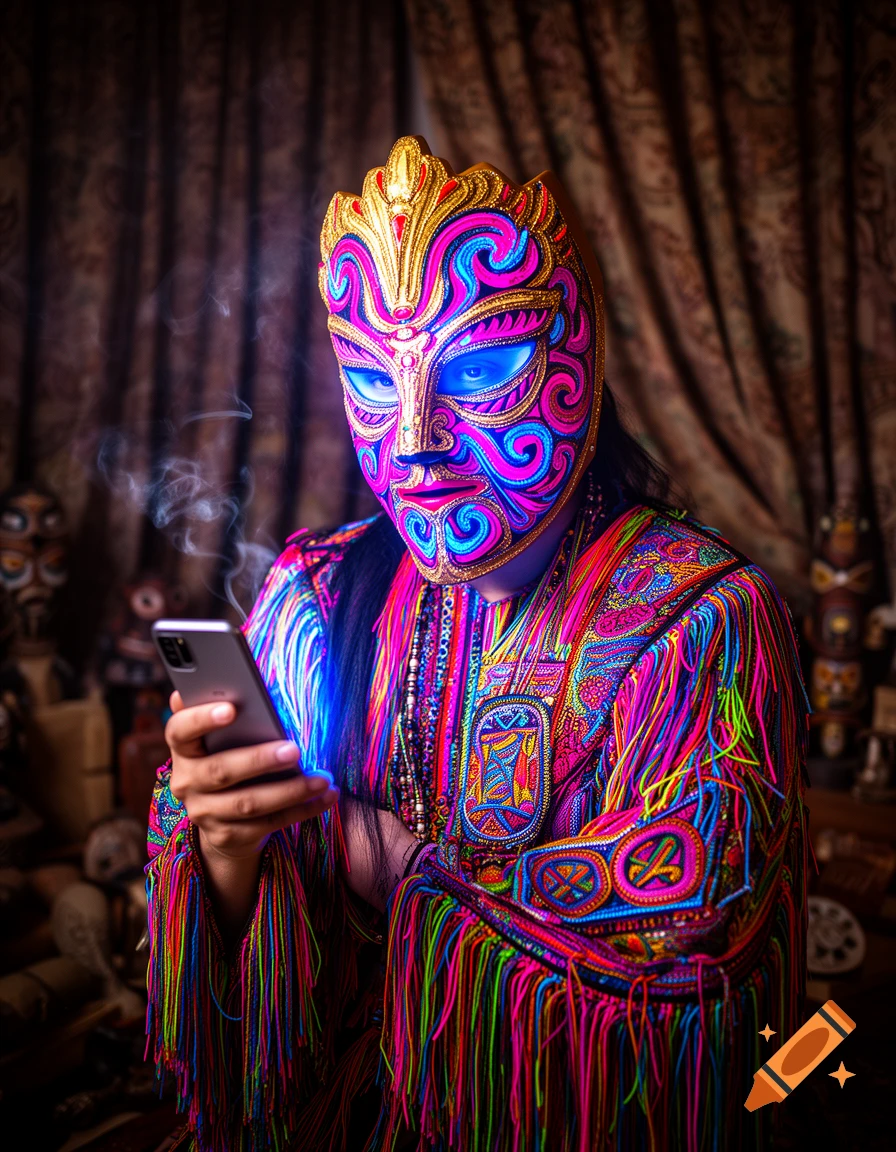 A person in a vibrant, psychedelic mask and fringed costume with glowing eyes looks at a cell phone, against a dark background.
