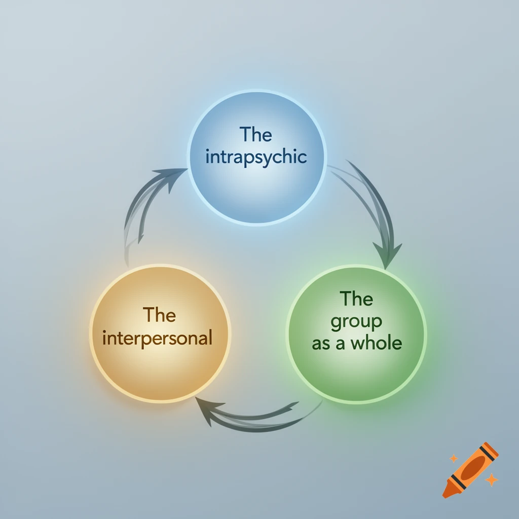 A conceptual diagram with three glowing circles: "The intrapsychic" (blue), "The interpersonal" (orange), and "The group as a whole" (green), connected by curved arrows indicating interdependence.