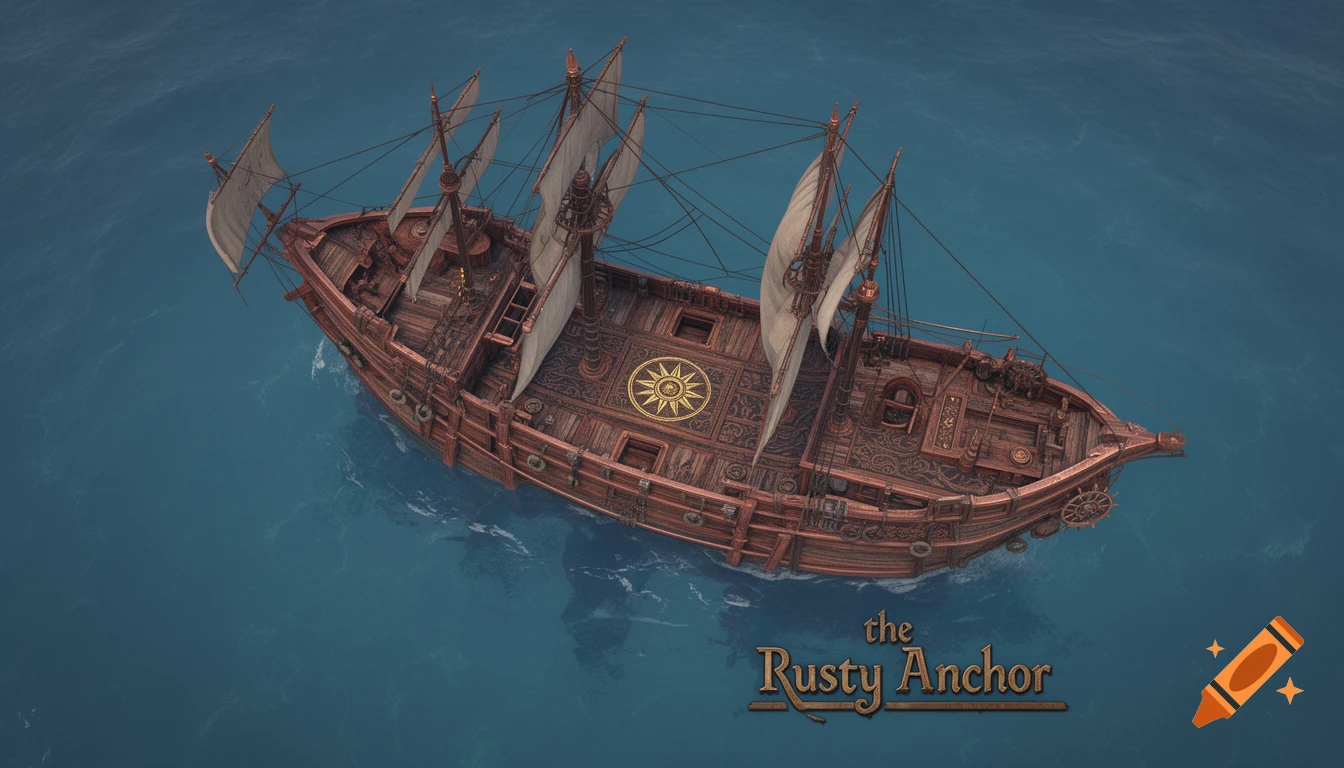 Top-down view of a detailed wooden fantasy ship named "the Rusty Anchor" on a calm blue ocean, resembling a map.