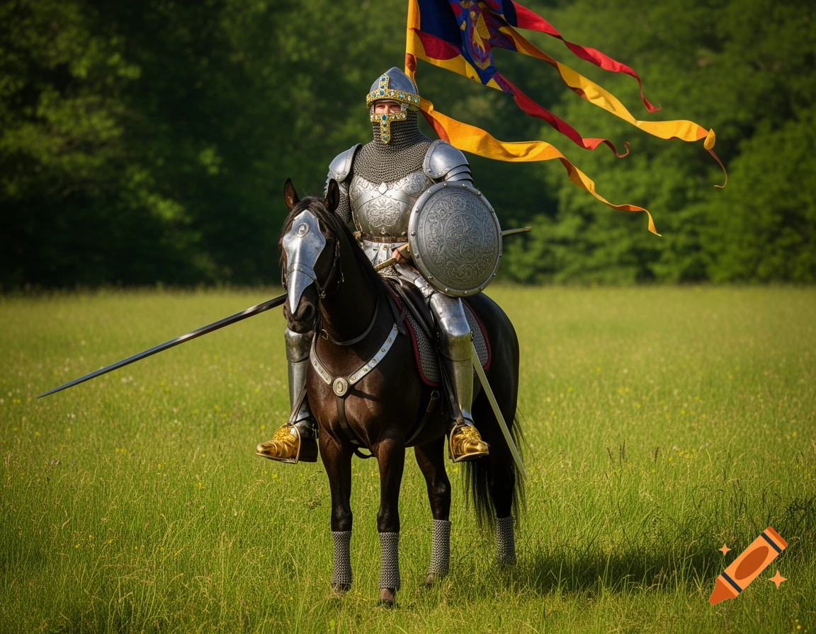 A photorealistic knight in full armor rides a black warhorse through a green field, holding a lance and shield.