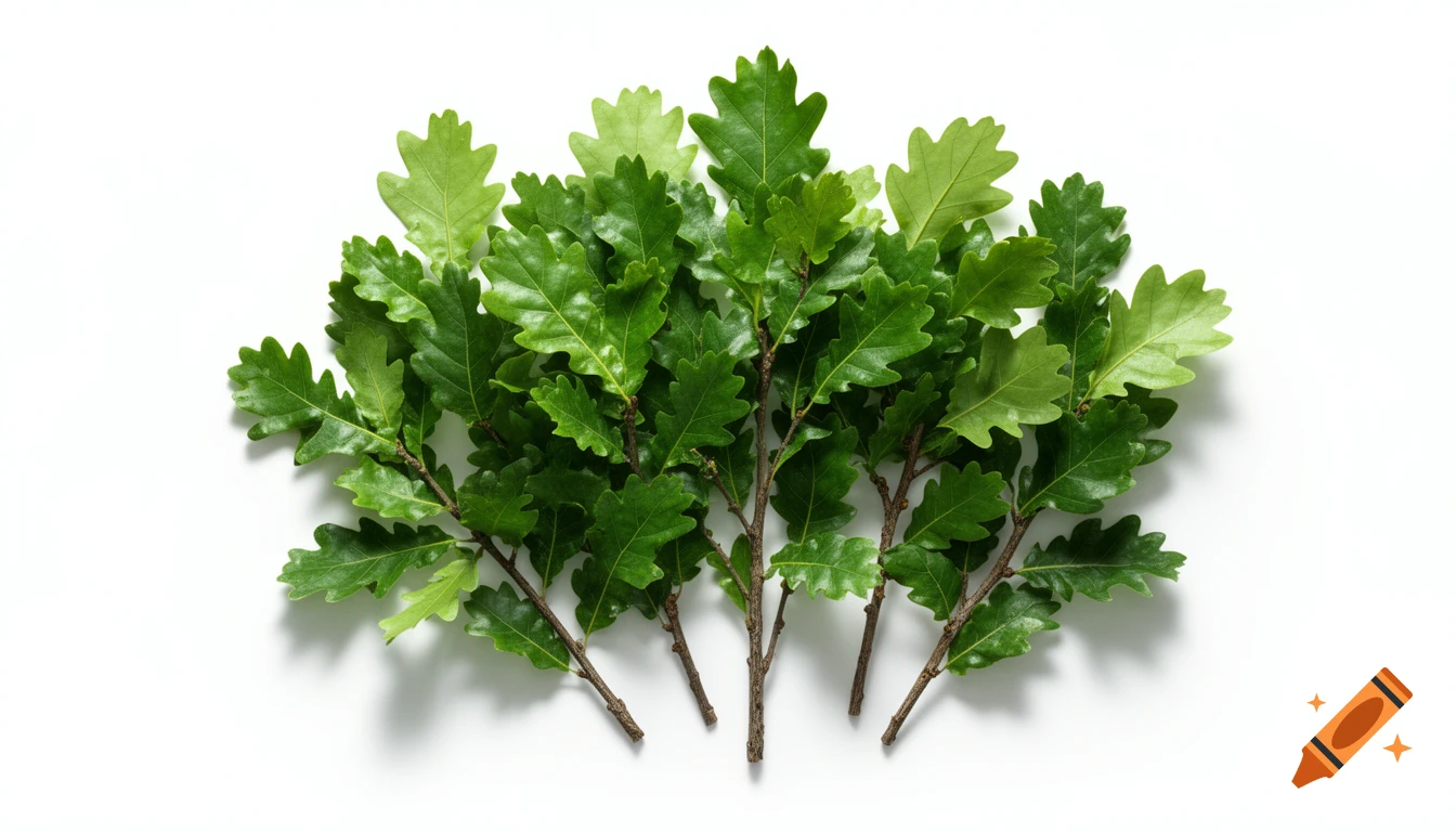 Several realistic green oak branches with leaves on a white background.