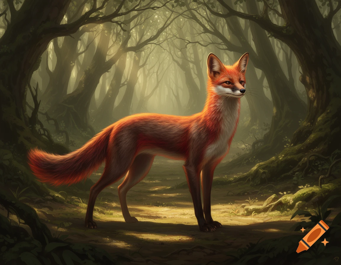 A majestic red-brown fox-like fantasy creature stands alert in a mystical, sunlit forest.