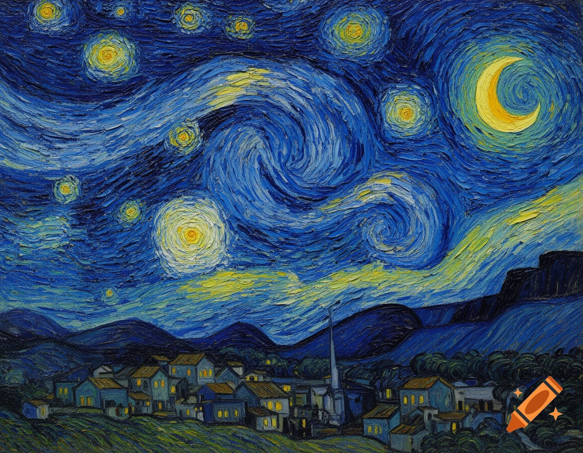 An oil painting in Van Gogh's Starry Night style, featuring a swirling blue and yellow night sky with bright stars and a crescent moon over a village.