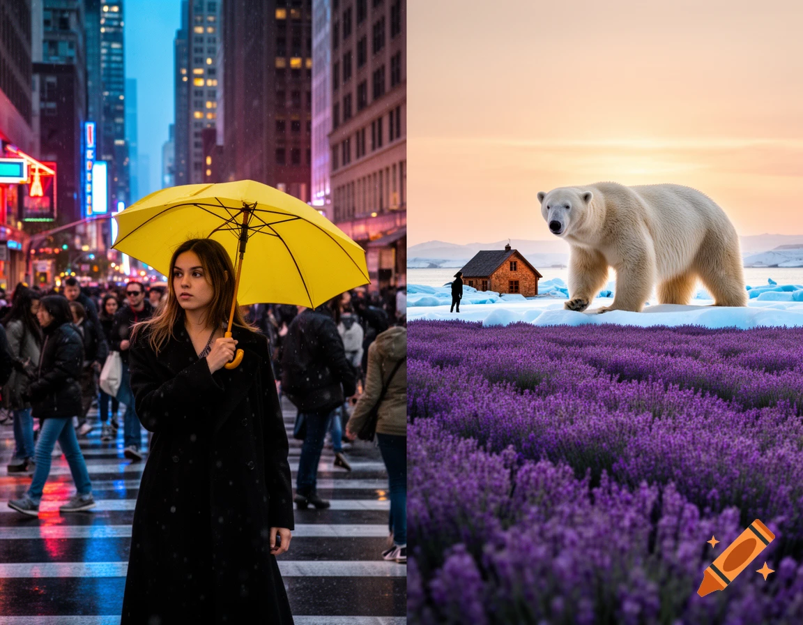 A diptych showing a woman with a yellow umbrella in a rainy city street and a polar bear in a lavender field with a small cabin.