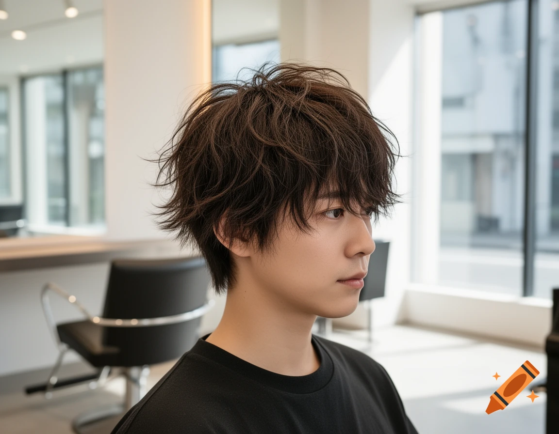 Profile of a person with a shaggy brown wolf cut hairstyle, wearing a black t-shirt in a modern salon.