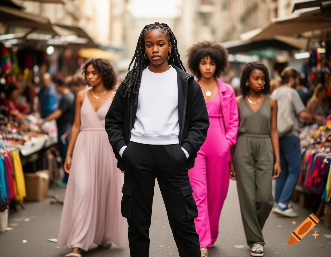 Young Black woman with braids in black and white streetwear, standing in a busy street market with three friends behind her.
