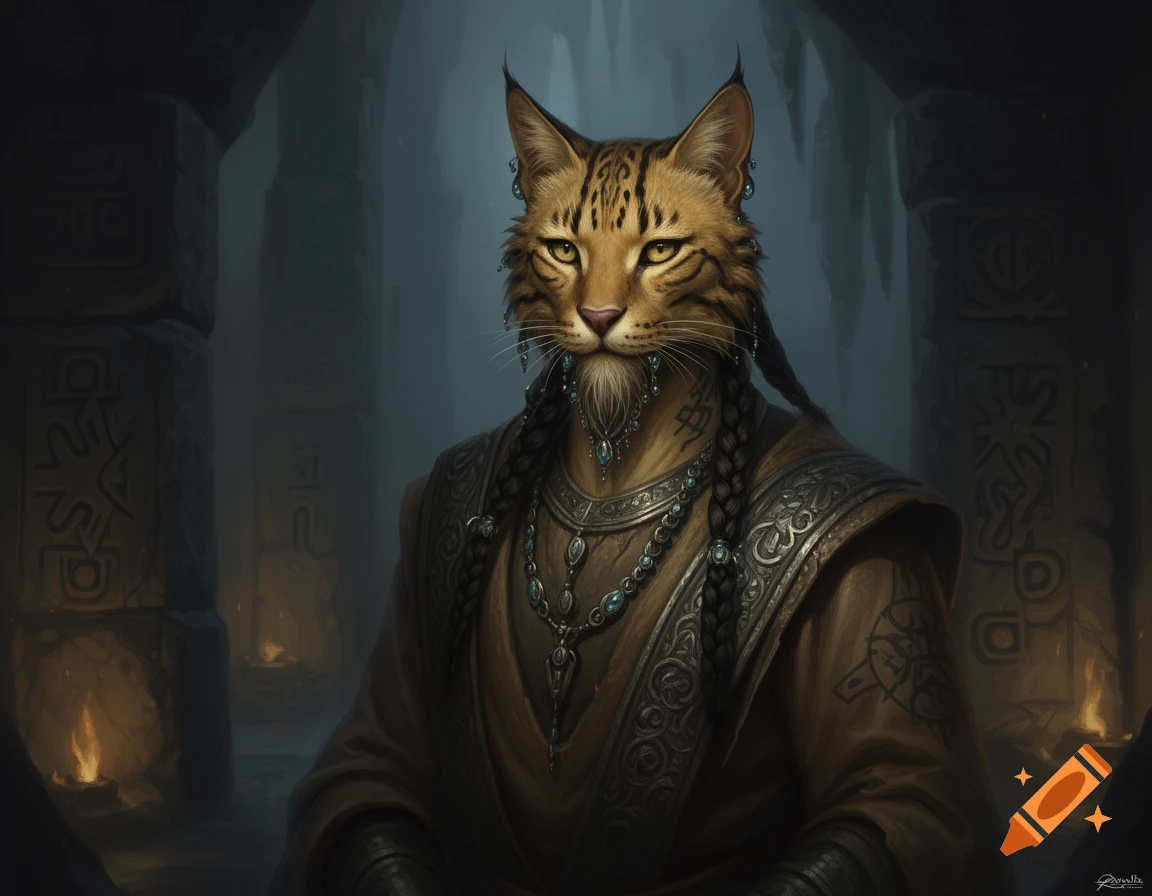 An anthropomorphic cat-person with braids, a beaded beard, jewelry, and robes stands in a dark, mystical stone chamber with torches.