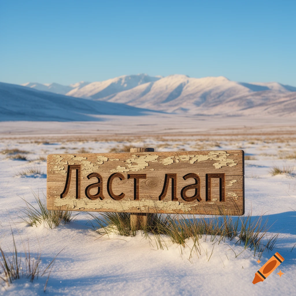 A weathered wooden sign with the text "Ласт лап" stands in a snowy field with distant mountains under a clear blue sky.