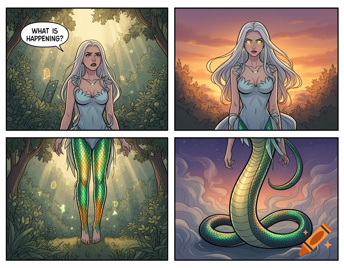 A 4-panel comic shows a white-haired woman transforming into a lamia, her legs fusing into a green snake tail.