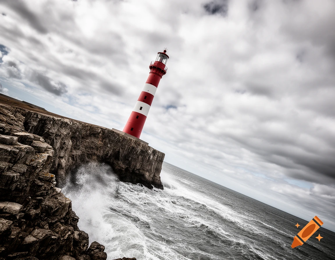 A striking red and white striped lighthouse on a rugged cliff overlooks a stormy sea under a dramatic cloudy sky, captured at a Dutch angle.