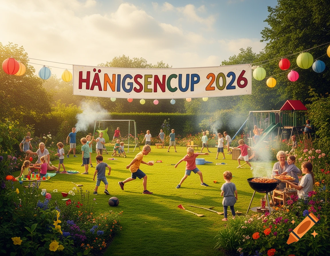 Many children and adults enjoy a sunny garden party, playing soccer and barbecuing under a 'HÄNIGSENCUP 2026' banner.