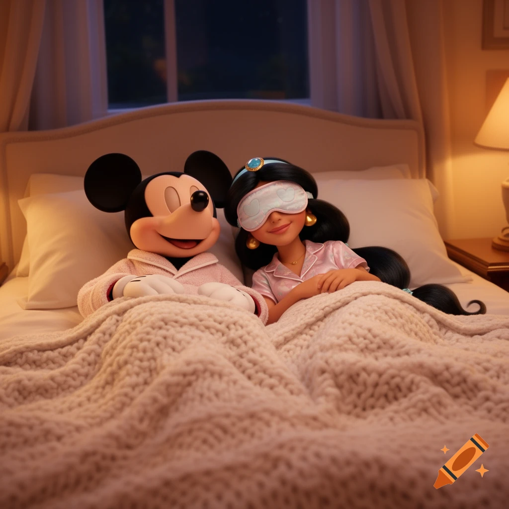 Mickey Mouse and Princess Jasmine in pajamas and sleep masks lie in bed under a cozy blanket in a nighttime bedroom.