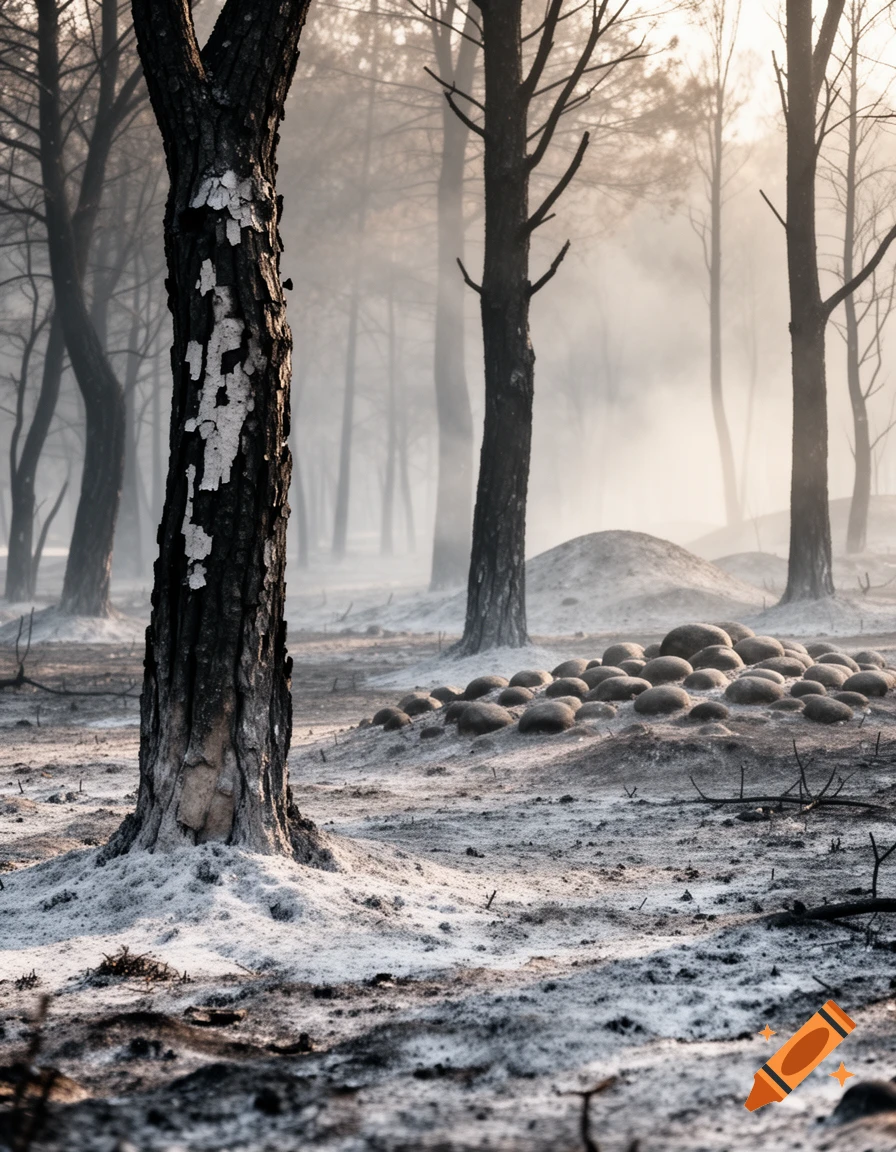 A photorealistic image of a desolate forest with bare trees, ash-covered ground, and a misty background.