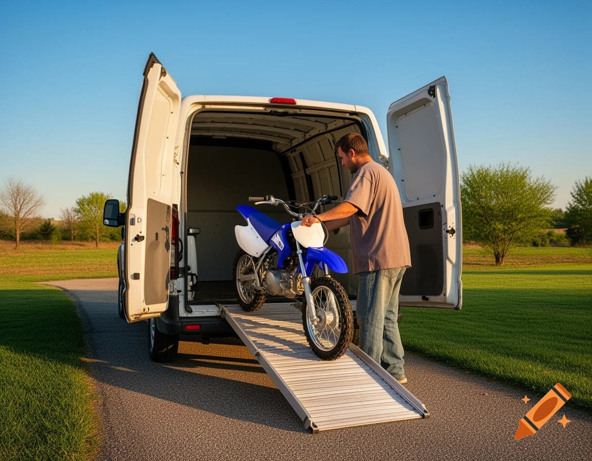A man loads a blue and white dirt bike onto a ramp into the back of a white van on a sunny day in a grassy outdoor area.