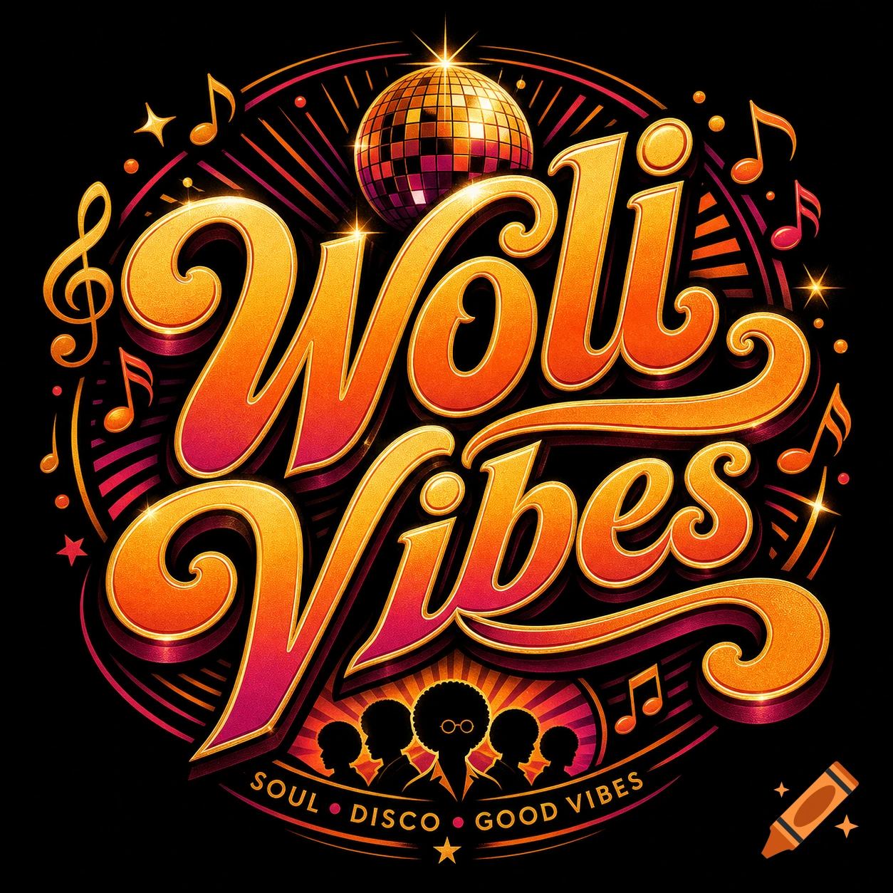 Retro 'Woli Vibes' logo in orange and pink, with a disco ball, musical notes, and silhouettes of people, promoting soul and disco.