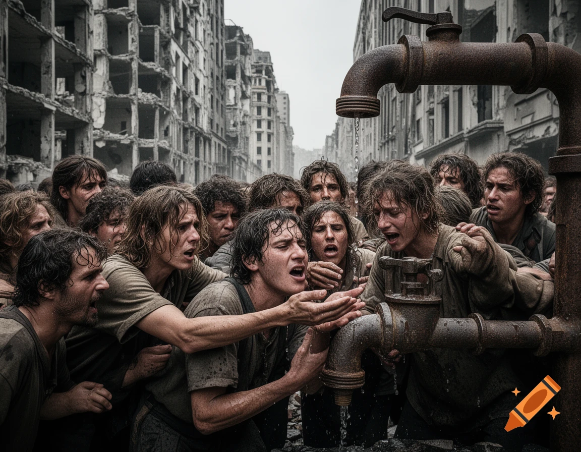 A distressed crowd of people, appearing dirty and disheveled, clamor around a large, rusty pipe with a dripping faucet in a ruined city with bombed-out buildings.