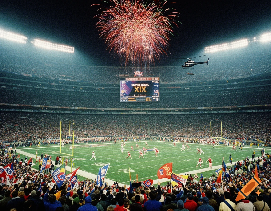 A crowded Super Bowl XIX football game at night, with fireworks overhead, a helicopter, and a scoreboard displaying the event.