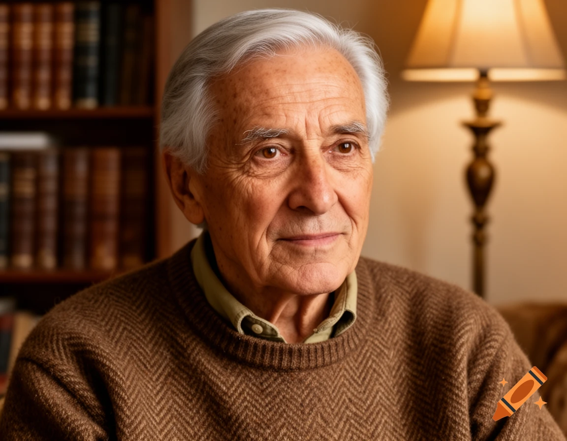 A close-up portrait of an elderly man with white hair and brown eyes, wearing a brown sweater, sitting indoors.