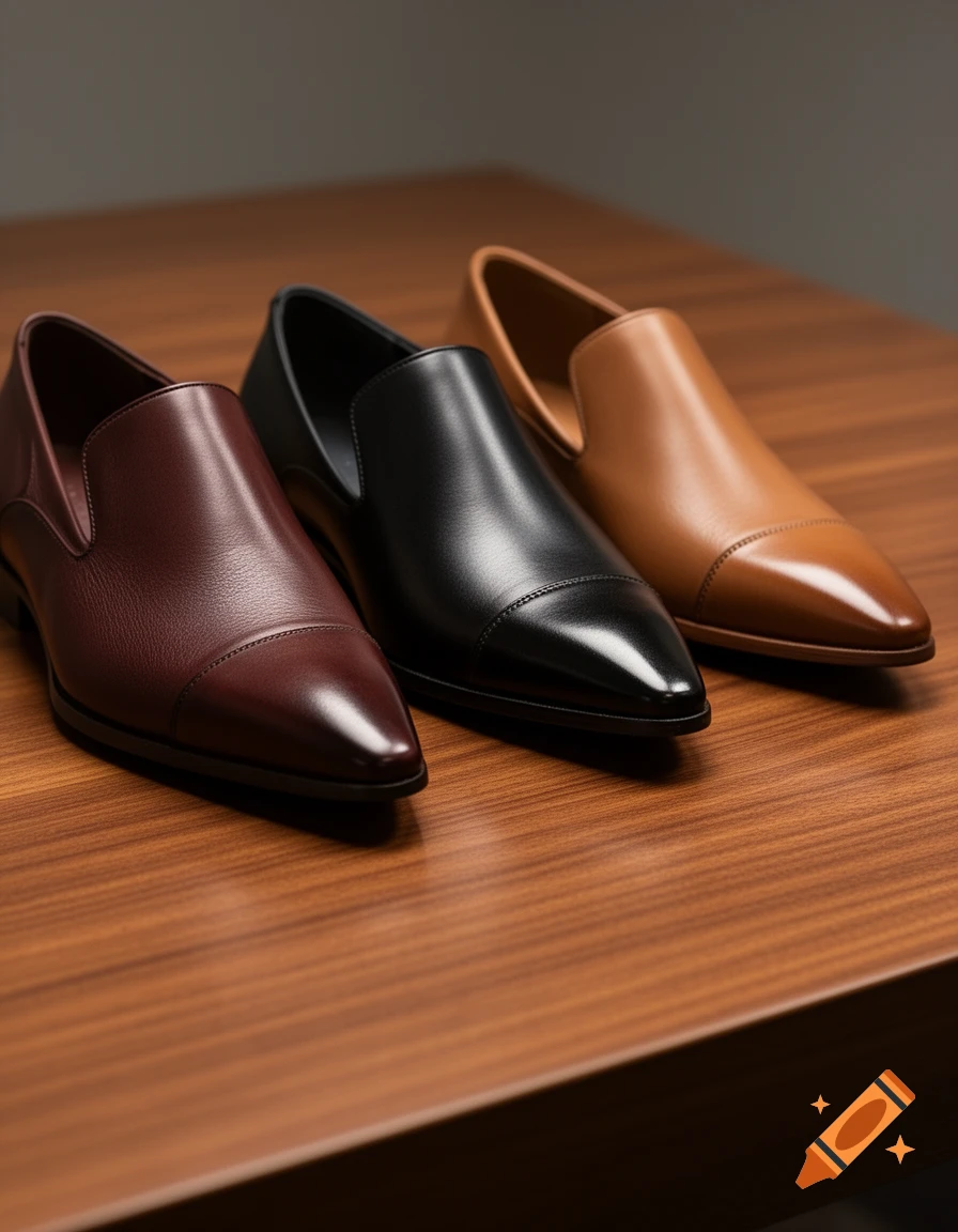 Three pointed leather dress shoes in burgundy, black, and tan displayed on a polished wooden table.