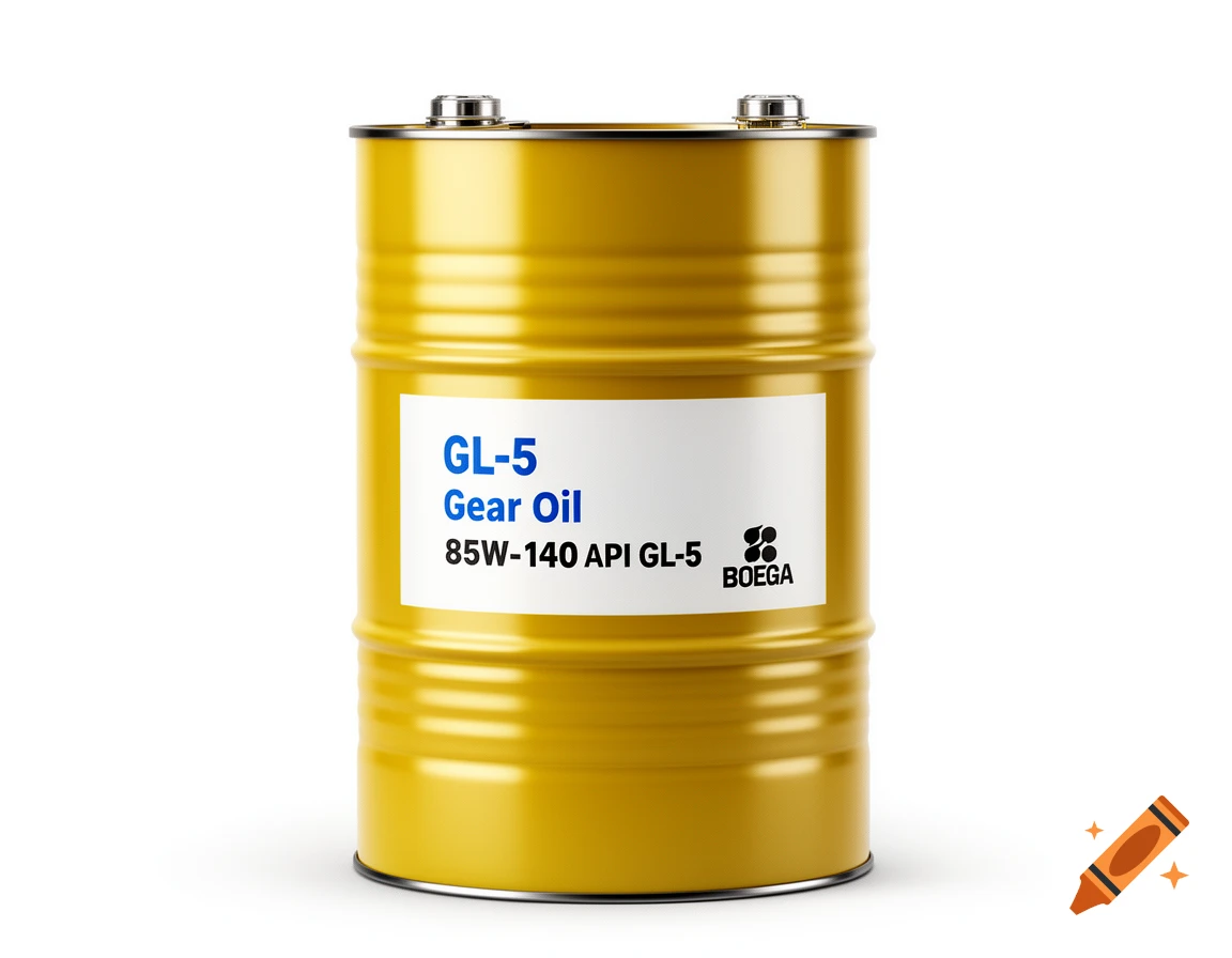Photorealistic close-up of a yellow industrial barrel of GL-5 Gear Oil with a white label, on a white background.