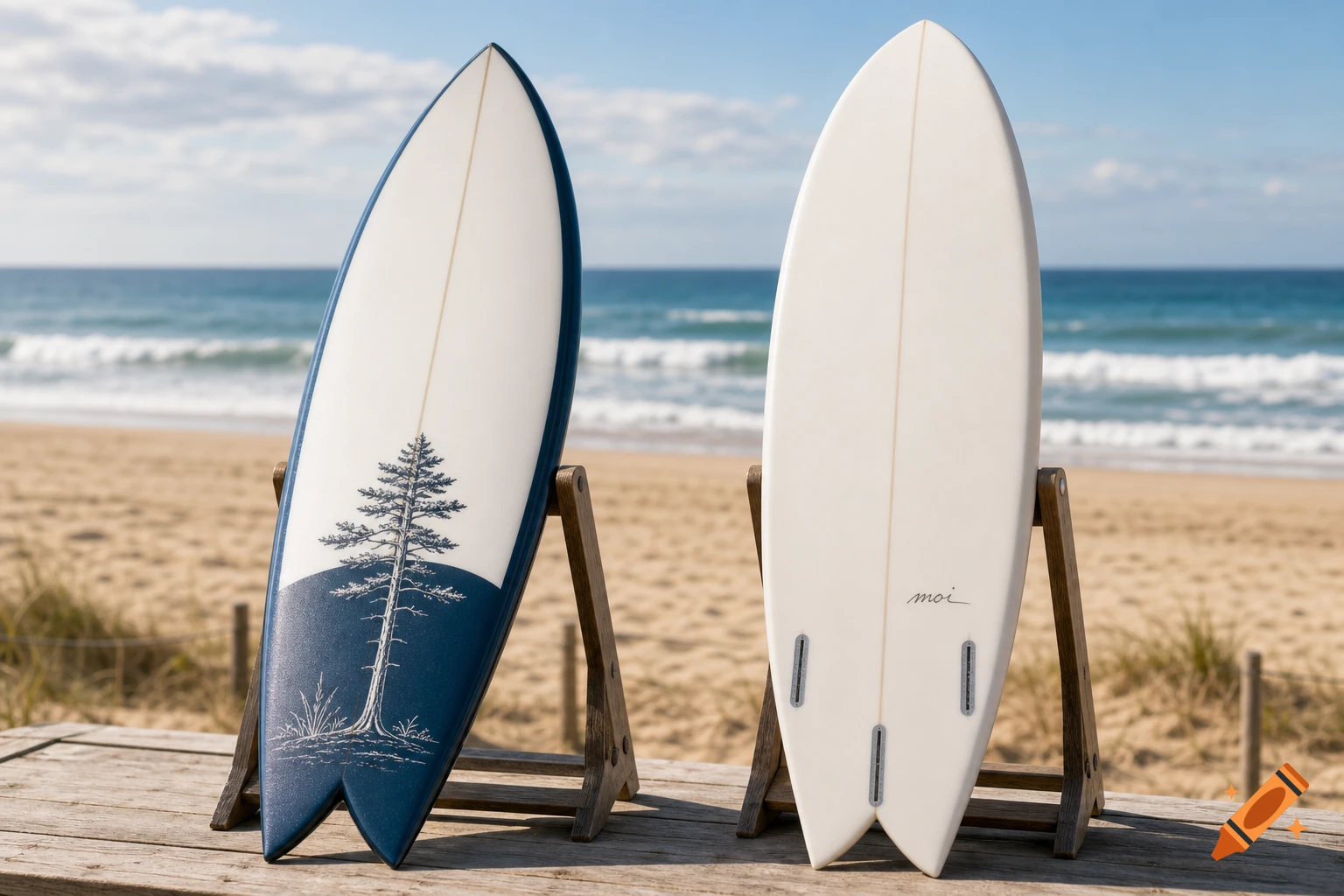 Two custom surfboards, one with a blue base and pine tree drawing, on a wooden deck overlooking a sunny beach and ocean.