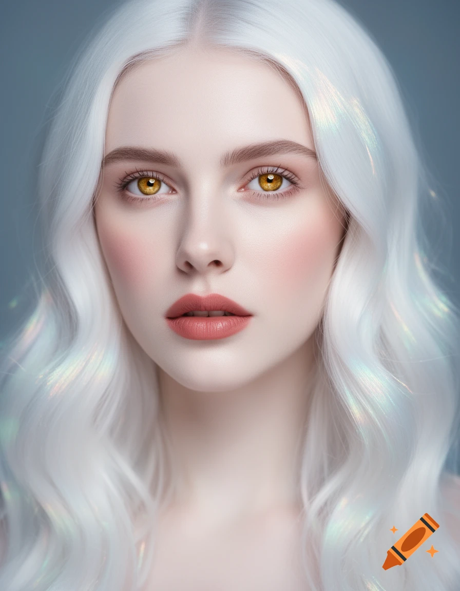 Photorealistic portrait of a young woman with pale skin, long white wavy hair, and striking gold eyes.