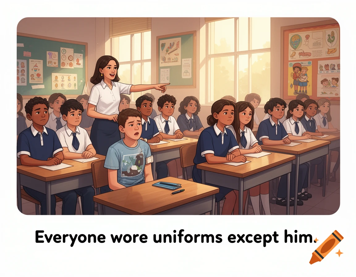 An illustrated classroom scene with a teacher pointing and students in uniforms, except for one boy in a t-shirt looking embarrassed.