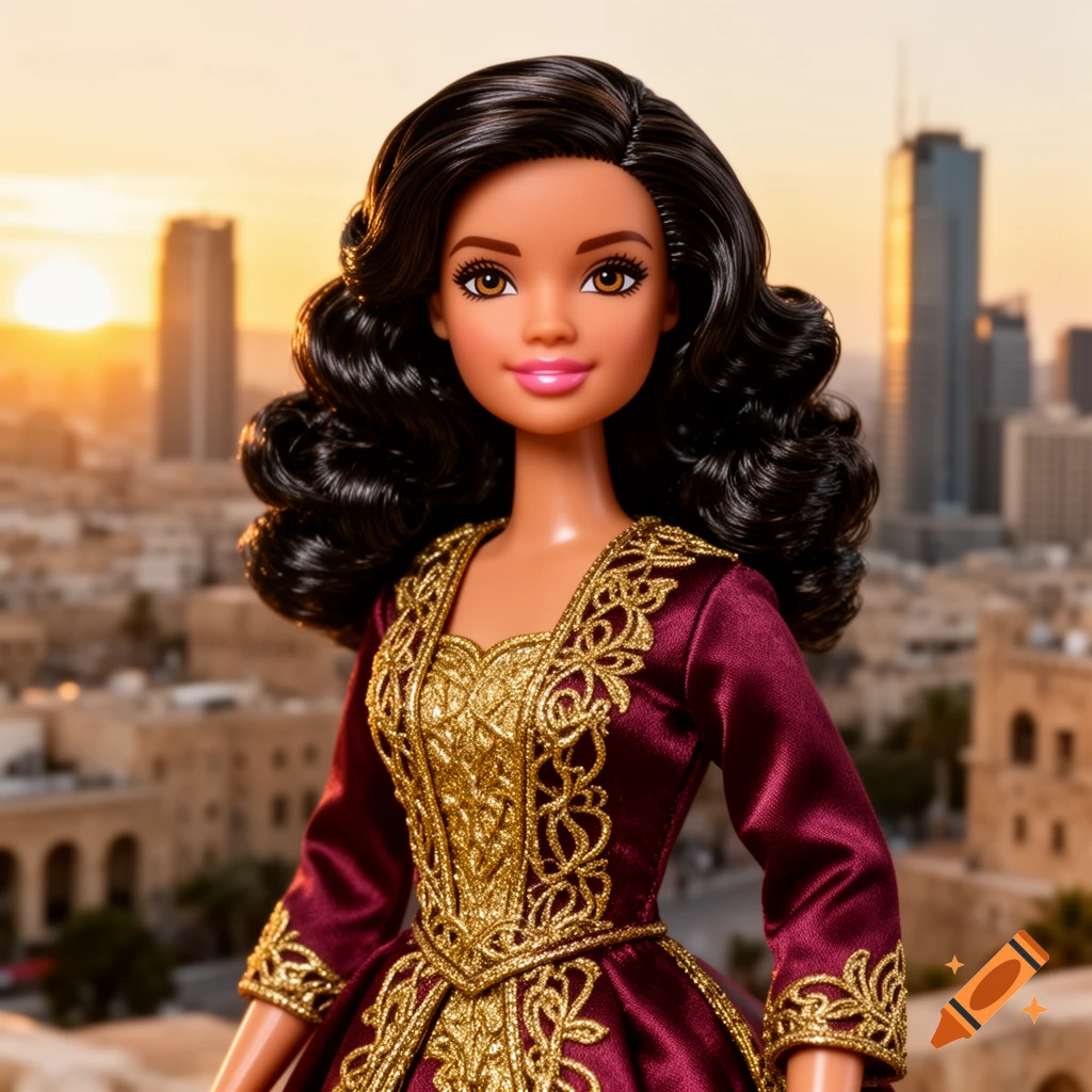 A Barbie doll with dark, curly hair wears a maroon and gold embroidered traditional dress against a city skyline at sunset.