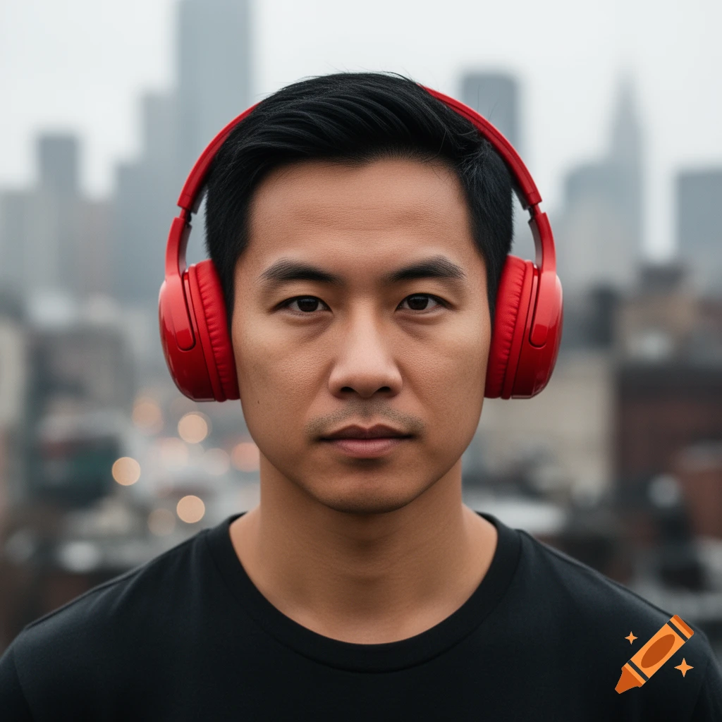 A photorealistic portrait of an Asian man wearing red headphones, looking directly at the viewer, with a blurred city skyline.