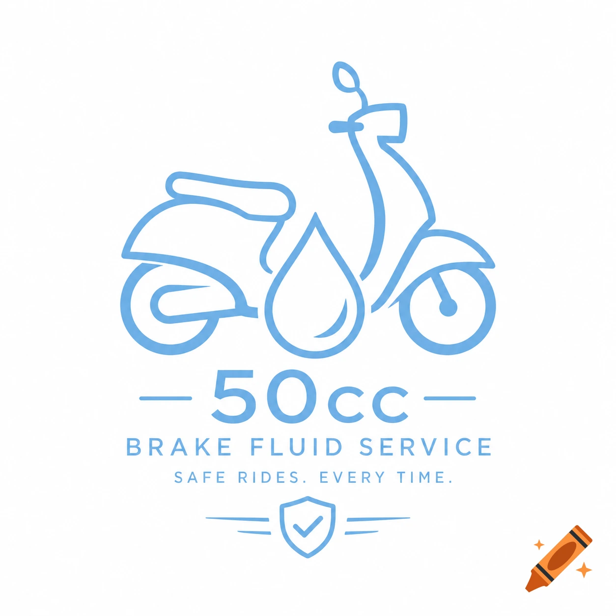 A light blue minimalist logo featuring a stylized scooter and a droplet, with the text "50cc BRAKE FLUID SERVICE SAFE RIDES. EVERY TIME." and a shield with a checkmark on a white background.