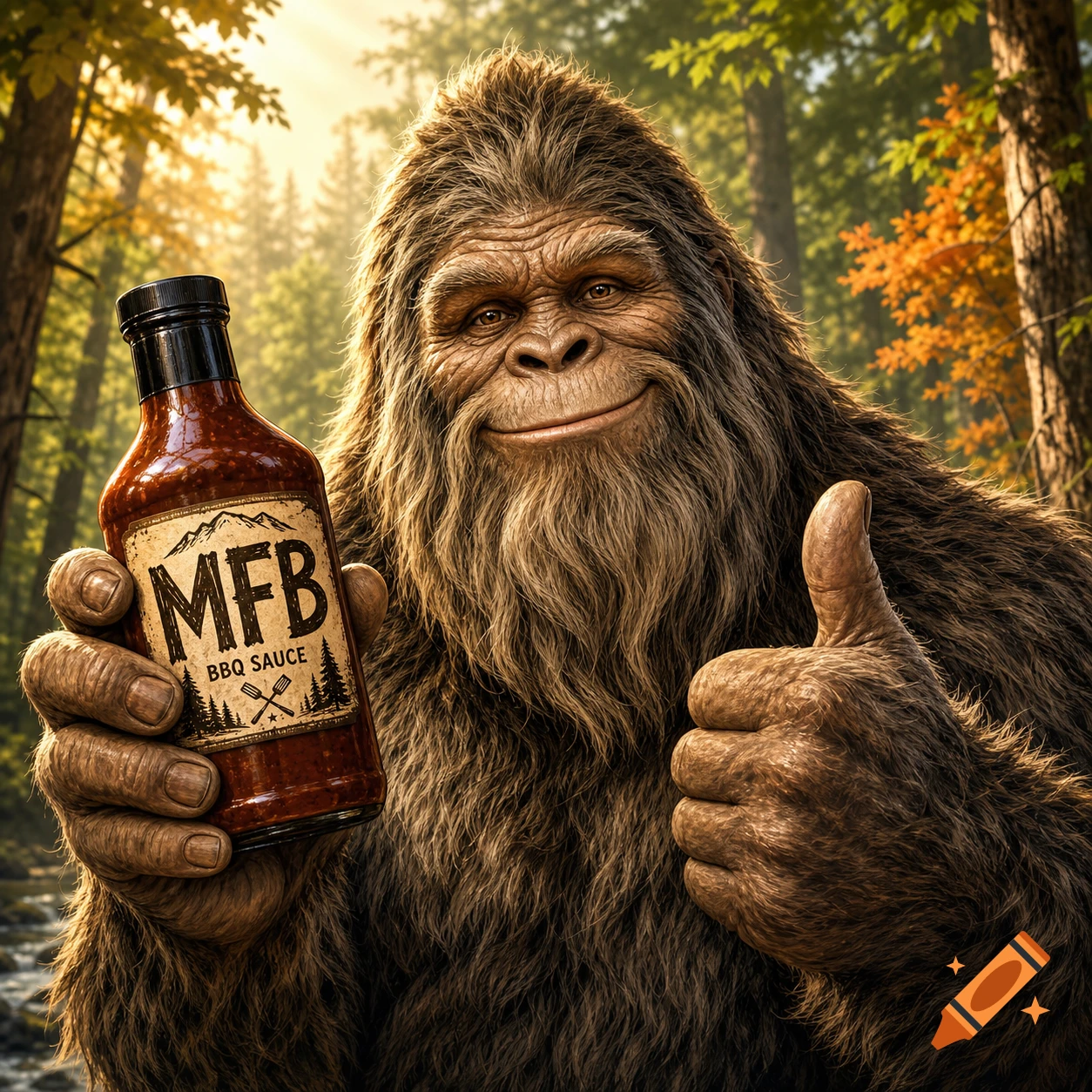 Photorealistic Bigfoot in a sunny forest holds a bottle of MFB BBQ sauce and gives a thumbs up.