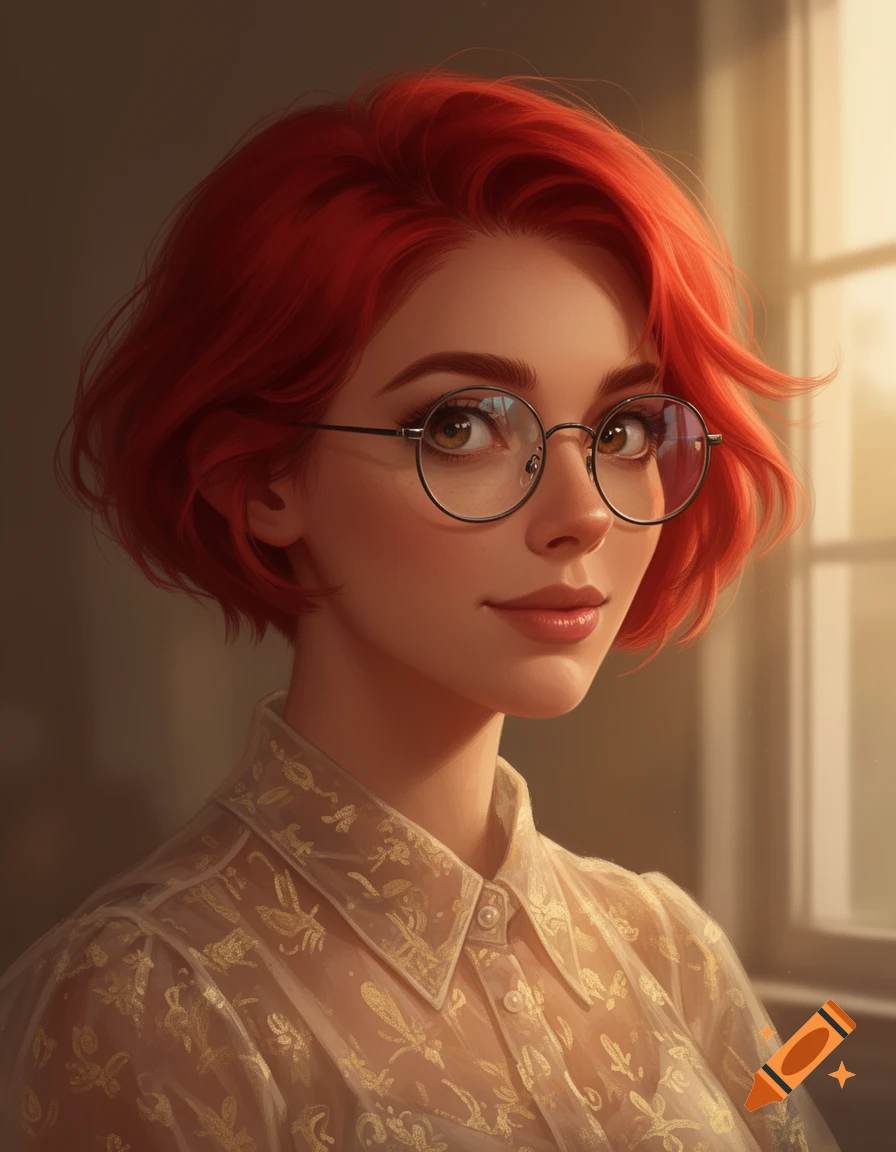 A digital art portrait of a woman with short, wavy red hair, round glasses, and a sheer, collared shirt with golden patterns, looking slightly upward.
