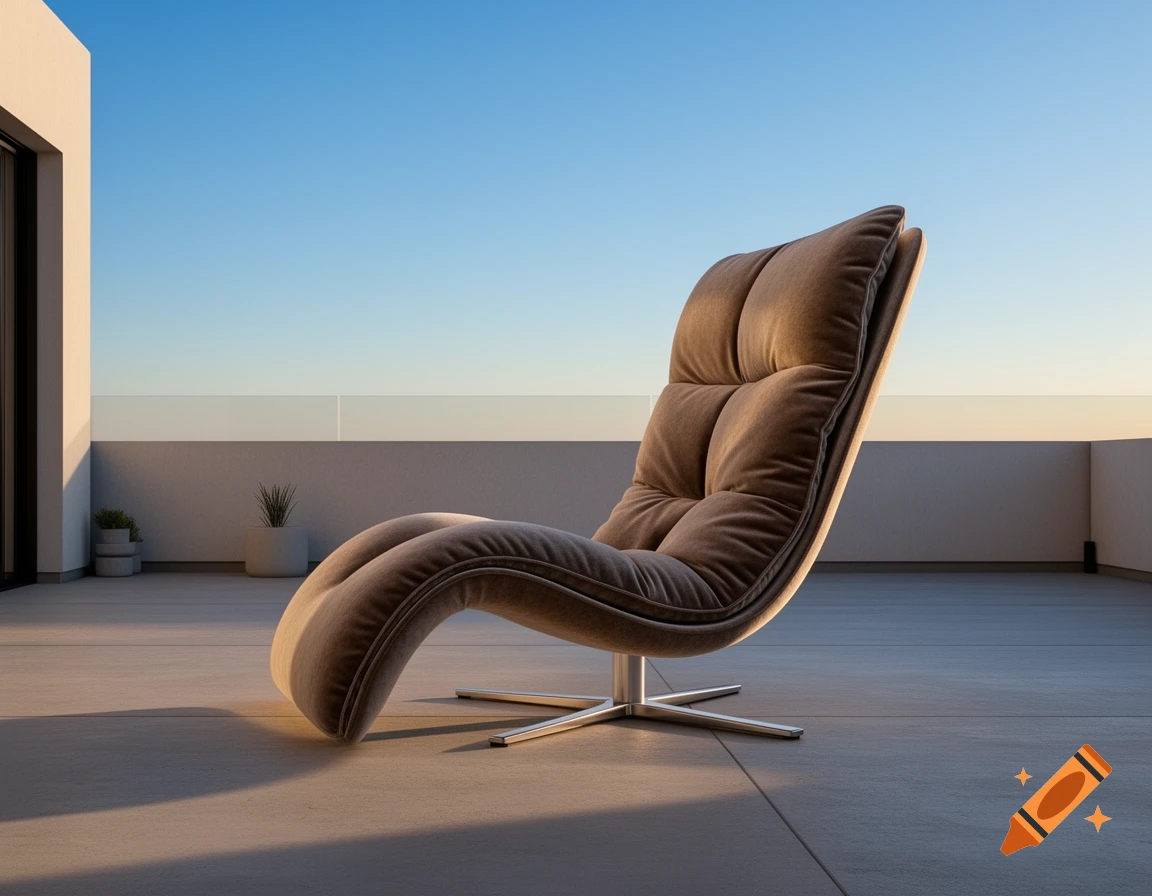 A modern, U-shaped brown velvet lounge chair on a minimalist outdoor patio under a clear blue sky.