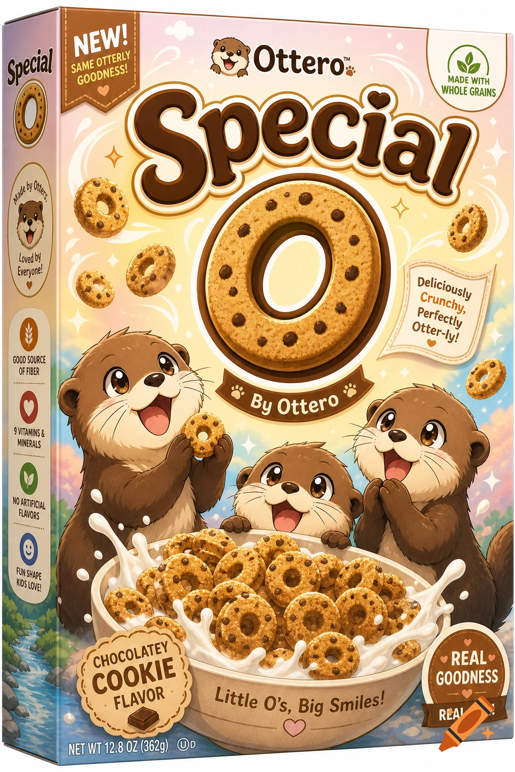 A colorful cereal box for 'Special O' featuring happy cartoon otters eating chocolate cookie-flavored O-shaped cereal with milk.