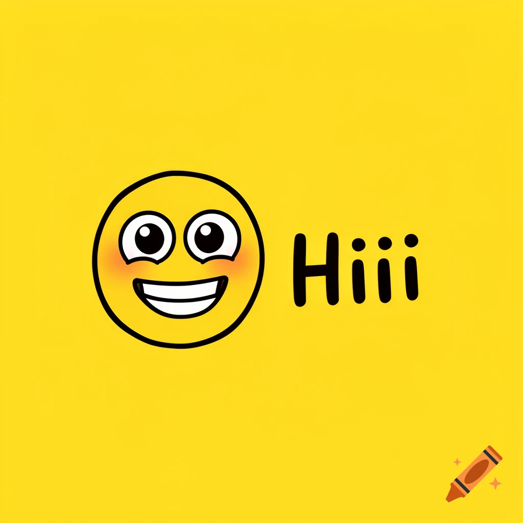 A smiling yellow emoji with rosy cheeks next to the black text 'Hiii' on a bright yellow background.