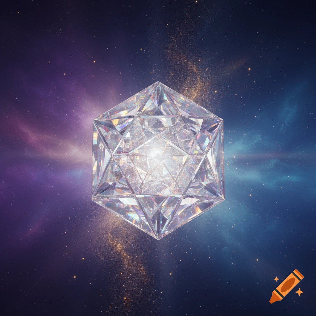 A shining, multifaceted crystal geometric shape floats in deep space amidst colorful nebulae and stars.