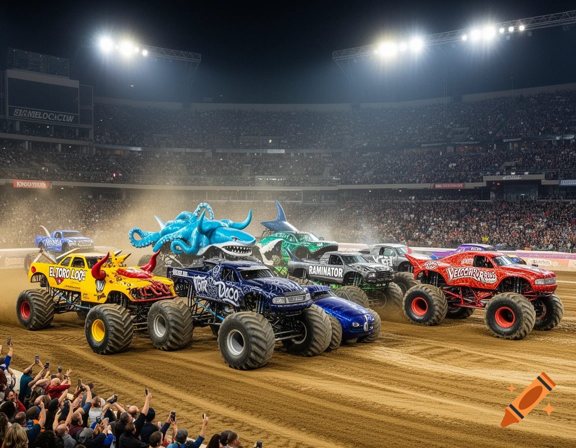 Several large, colorful monster trucks with themed designs, like a yellow El Toro Loco and a blue Kraken, are lined up on a dirt track in a brightly lit stadium full of spectators during a night event.