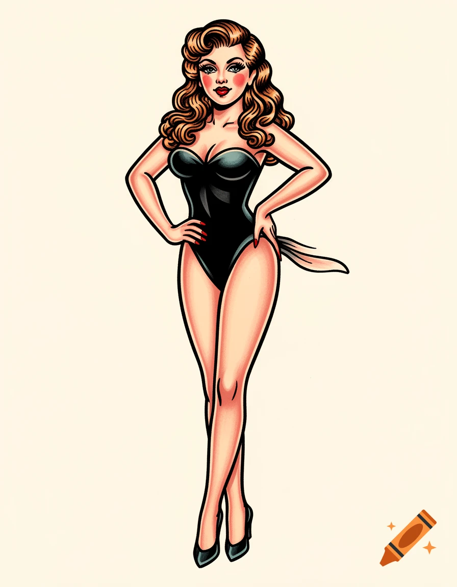 Sailor Jerry style pin-up illustration of a woman with red lips and long wavy hair, wearing a black strapless swimsuit, standing with hands on hips on a plain background.