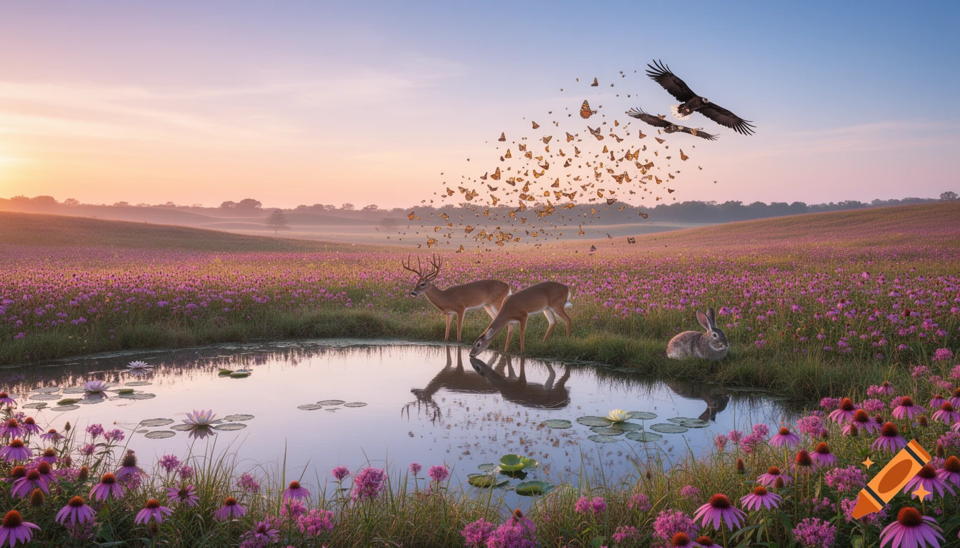 Photorealistic landscape of deer drinking from a pond in a purple flower meadow at sunrise, with a rabbit, butterflies, and eagles.