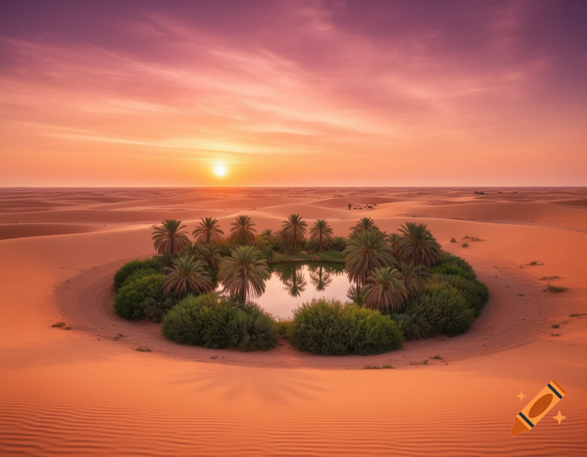 A desert oasis with palm trees and a reflective pond, under a vibrant orange and purple sunset.