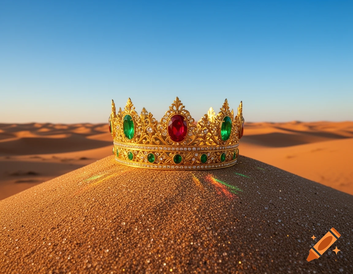 A golden crown adorned with red rubies and green emeralds sits on a desert dune under a clear blue sky.