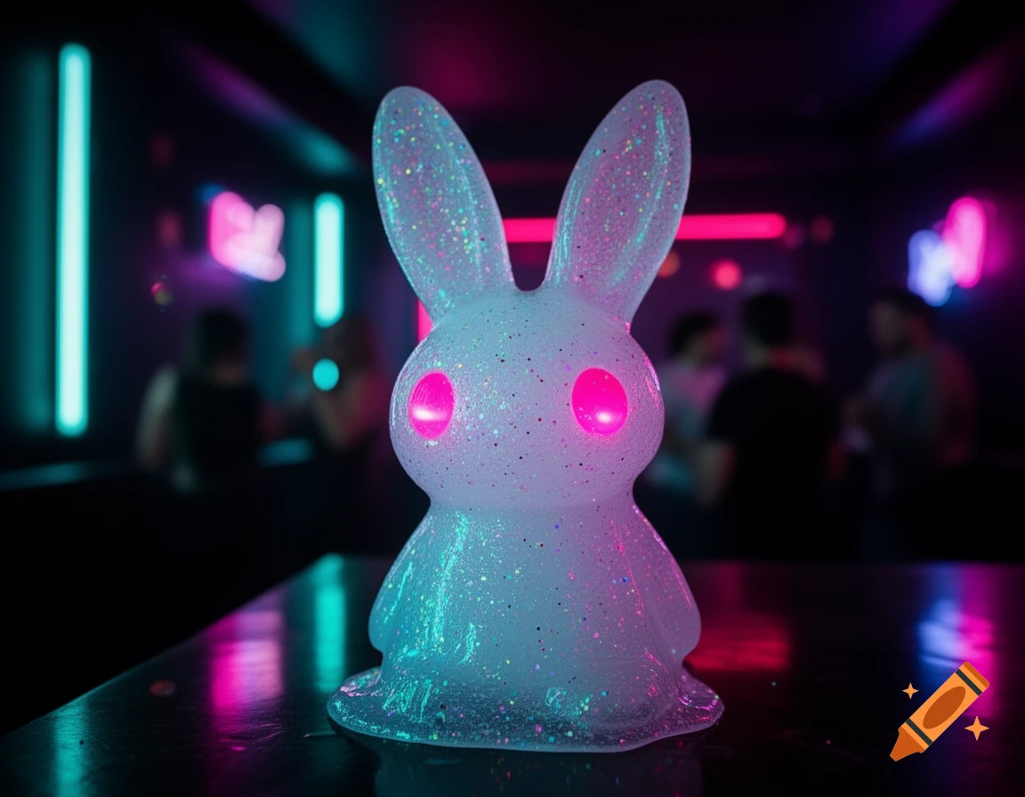 A white glittery slime bunny with glowing pink eyes sits on a table in a dimly lit club with blue and pink neon lights.